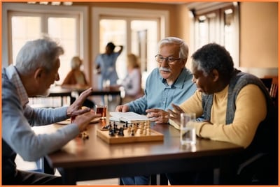 Three senior men socialize and stimulate their minds by playing a game of chess together in a lively community room, highlighting the importance of cognitive activities for older adults.