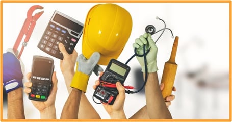 Multiple hands holding work-related tools, such as a calculator, hard hat, stethoscope, and other items, representing the wide range of professions eligible for the QBI deduction