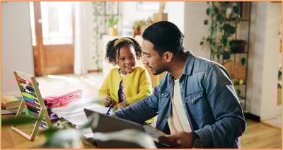 Father and daughter working together at a table with an abacus and paperwork, representing parents guiding children through financial concepts and tax planning.