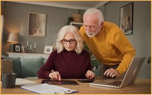 Older couple reviewing financial documents together at home, symbolizing retirement tax planning and important tax milestones for seniors.